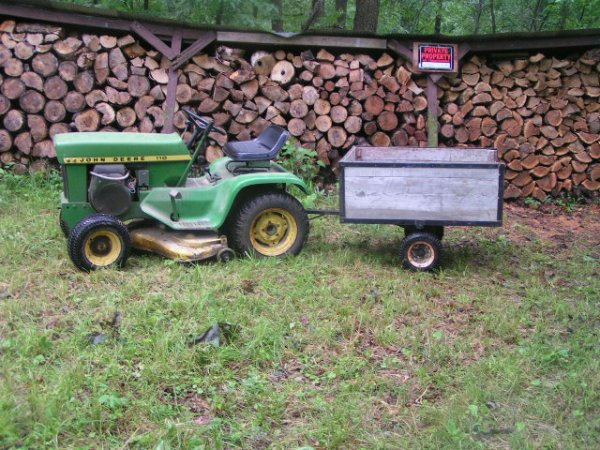 1975 John Deere110 & old dump cart.JPG