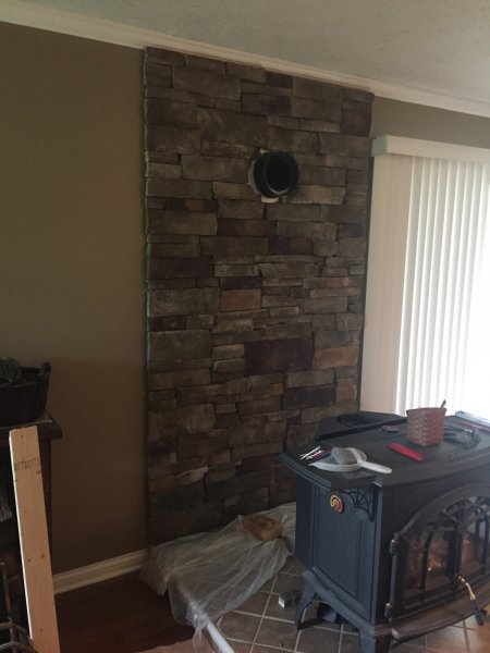 New stone wall behind stove | Firewood Hoarders Club